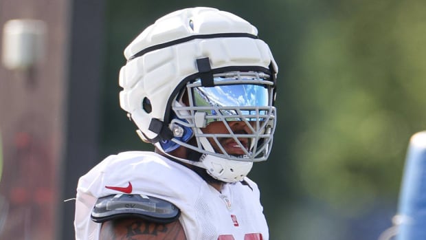 Aug 1, 2023; East Rutherford, NJ, USA; New York Giants defensive tackle Jordon Riley (95) participates in drills during training camp at the Quest Diagnostics Training Facility.
